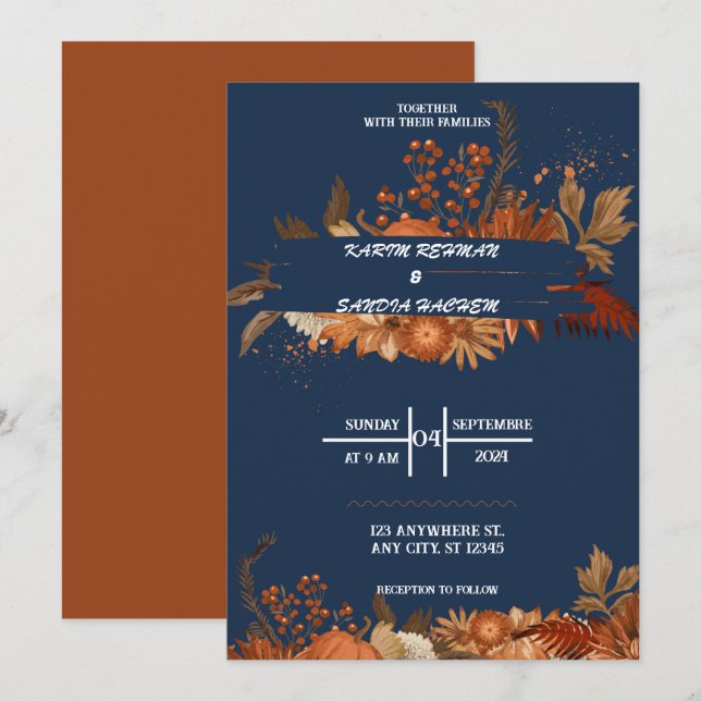 Invitación Rosas de Naranja terrenal Boda azul de la Marina F (Anverso / Reverso)