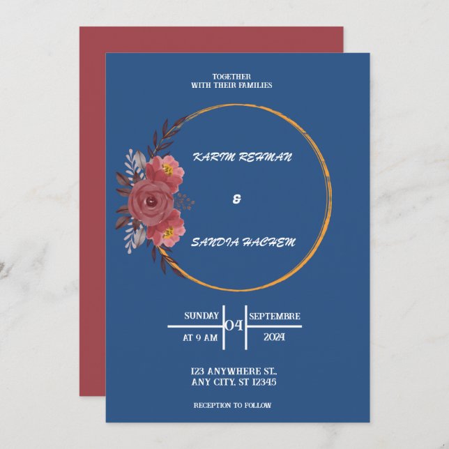 Invitación Rosas de Naranja terrenal Boda azul de la Marina F (Anverso / Reverso)