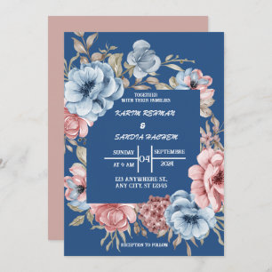 Invitación Rosas de Naranja terrenal Boda azul de la Marina F