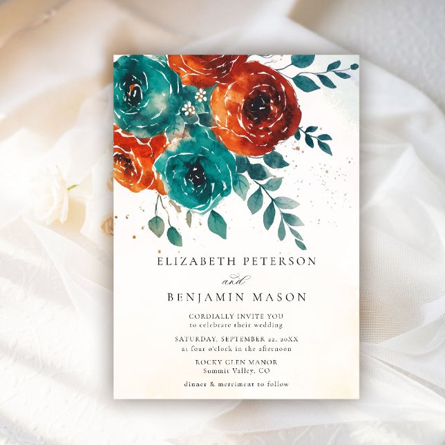 Invitación Rosas de Naranjas quemados de otoño Boda de vegeta (fall wedding invitation teal burnt orange terracotta watercolor whimsical floral rustic barn)