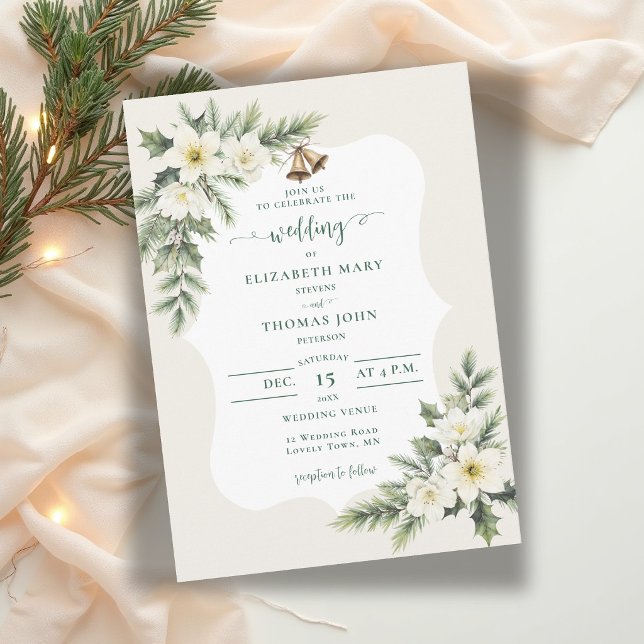 Invitación Rosas de Navidad de Invierno Elegante Boda (winter wedding invitation christmas roses bells elegant rustic frame muted green botanical chic)