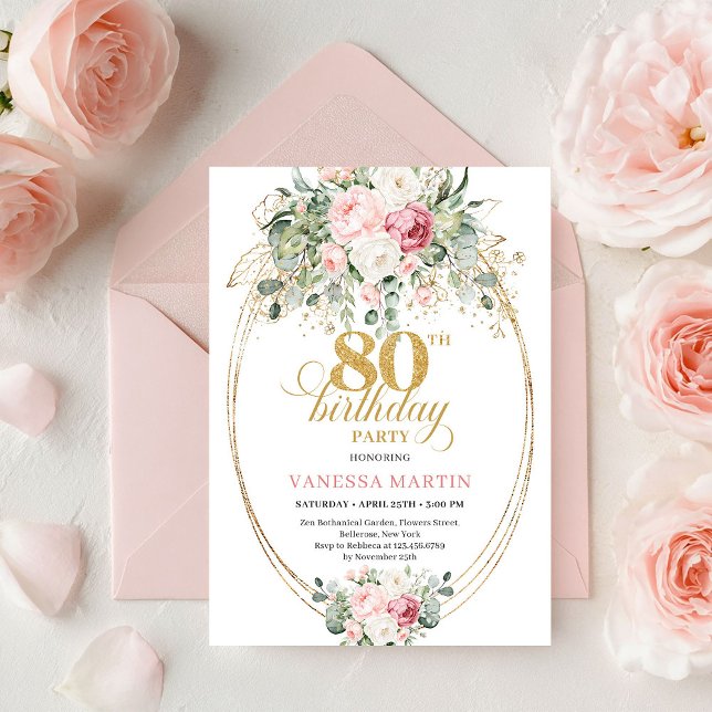 Invitación Rosas de Noche Bohemiana Sofisticadas Cumpleaños 8 (Sophisticated Bohemian Blush Roses 80th Birthday)