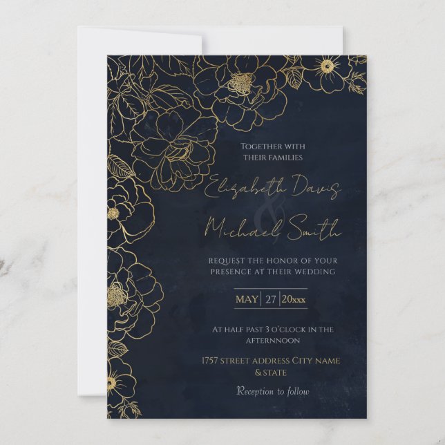 Invitación Rosas de oro azul elegantes (Anverso)
