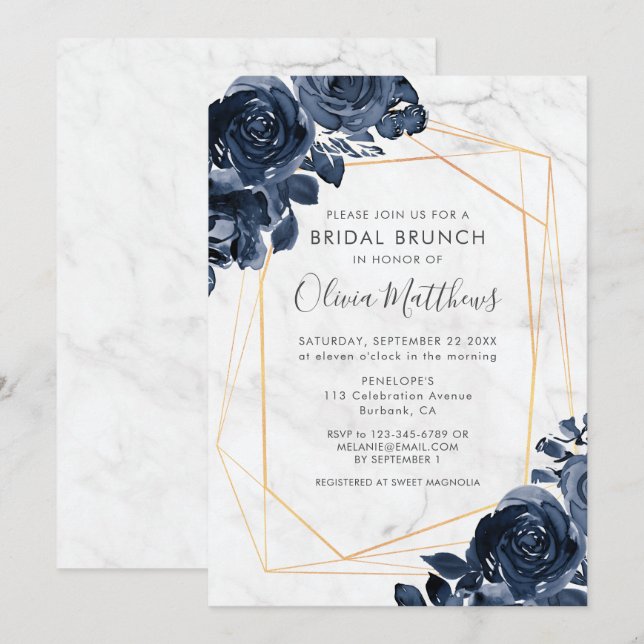 Invitación Rosas de oro azul geométrico de mármol Brunch de n (Anverso / Reverso)