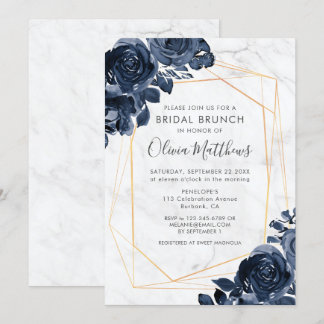 Invitación Rosas de oro azul geométrico de mármol Brunch de n