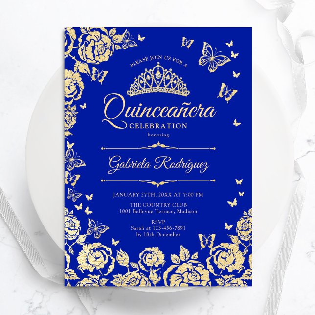 Invitación Rosas de oro azul real mariposas Quinceanera (Subido por el creador)