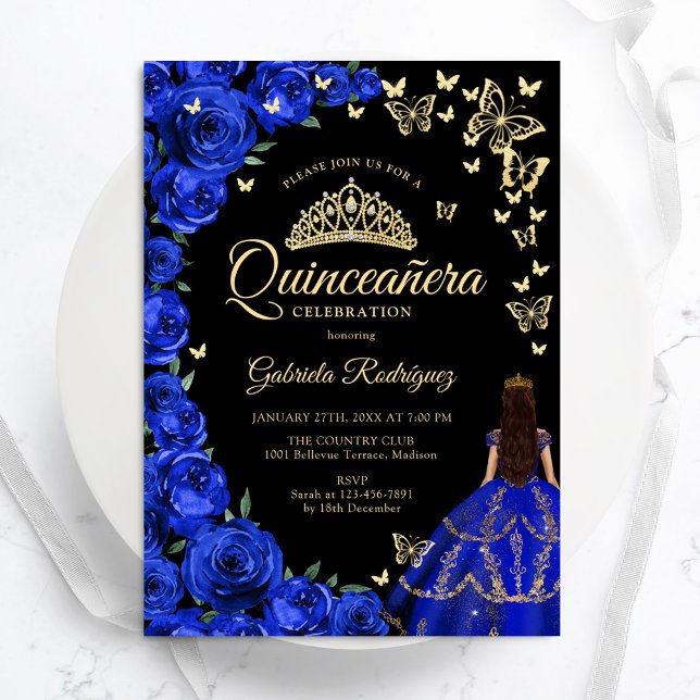 Invitación Rosas de oro azul real mariposas Quinceanera (Subido por el creador)