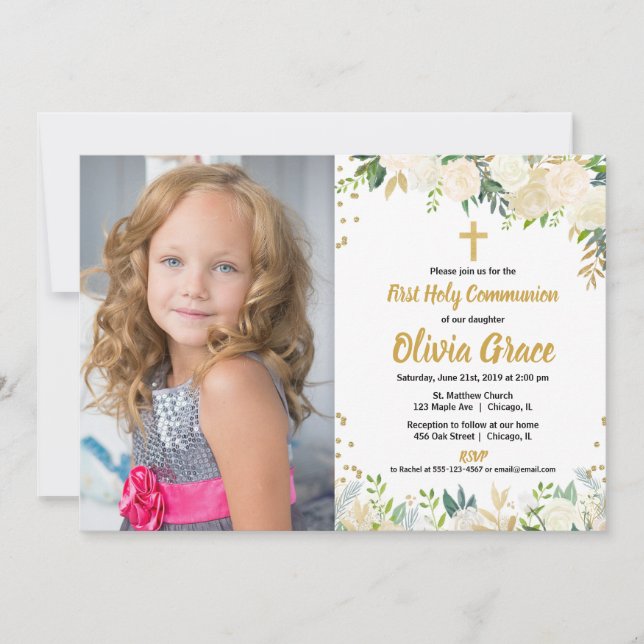 Invitación rosas de oro blanco con flores Primera foto de la  (Anverso)