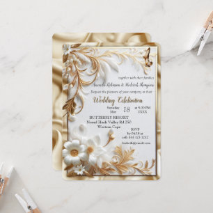Invitación Rosas de oro blanco, seda de champán y mariposas