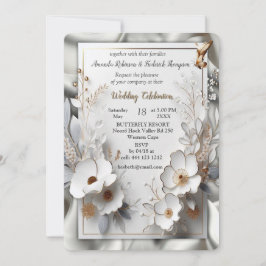 Invitación Rosas de oro blanco, seda de champán y mariposas