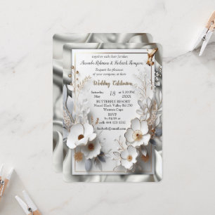 Invitación Rosas de oro blanco, seda de champán y mariposas