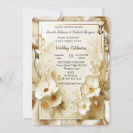 Invitación Rosas de oro blanco, seda de champán y mariposas