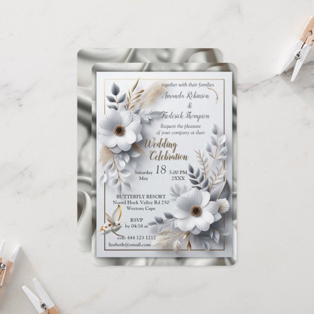 Invitación Rosas de oro blanco, seda de champán y mariposas (Anverso/Reverso In Situ)