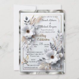 Invitación Rosas de oro blanco, seda de champán y mariposas