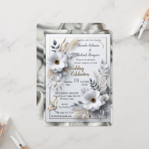 Invitación Rosas de oro blanco, seda de champán y mariposas