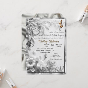 Invitación Rosas de oro blanco, seda de champán y mariposas