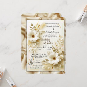 Invitación Rosas de oro blanco, seda de champán y mariposas
