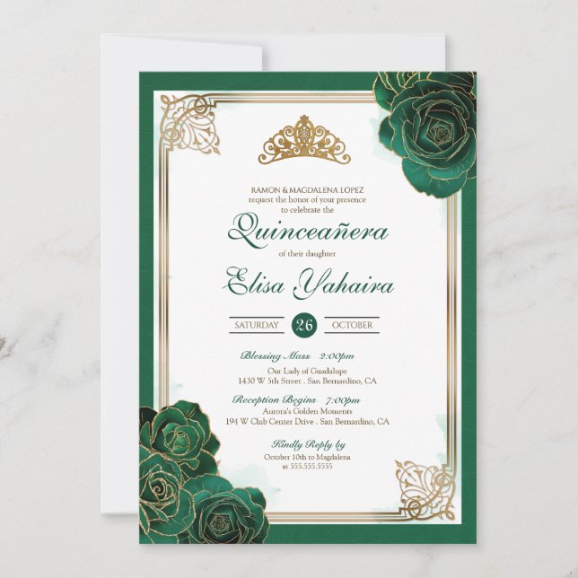 Invitación Rosas de oro blanco verde esmeralda Royal Quincean (Anverso)
