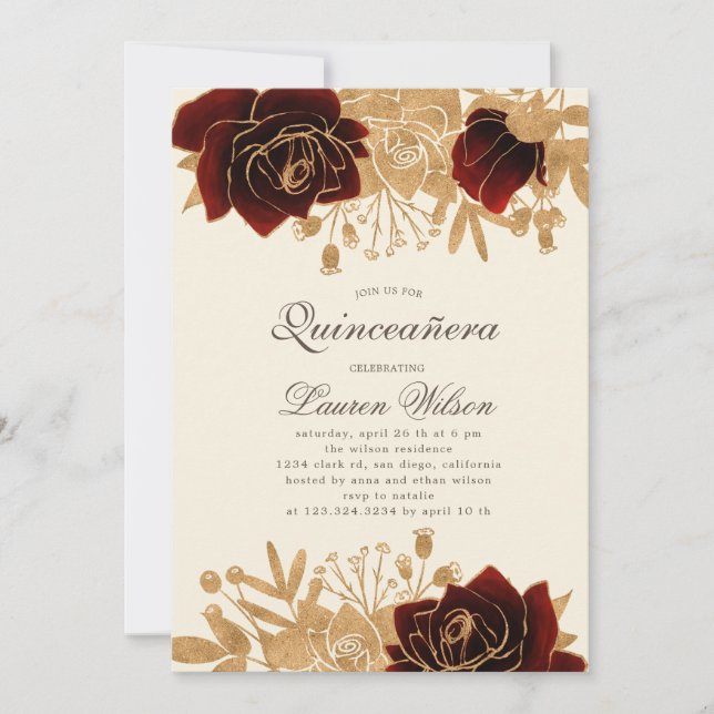 Invitación rosas de oro de acuarela Quinceanera Qrcode (Anverso)