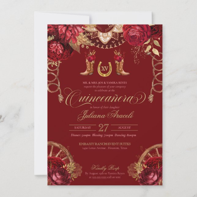 Invitación Rosas De Oro De Borgoña Elegante Charro Quinceaner (Anverso)