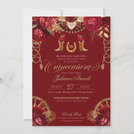 Invitación Rosas De Oro De Borgoña Elegante Charro Quinceaner