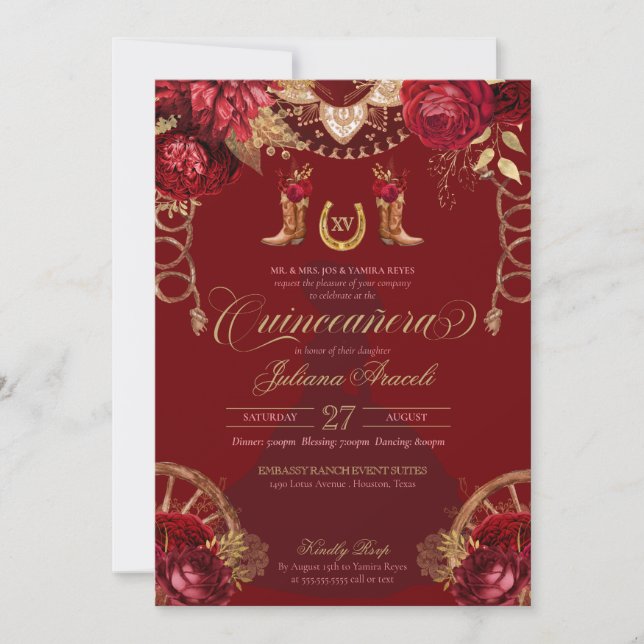 Invitación Rosas de oro de Borgoña Elegante Charro Quinceaner (Anverso)