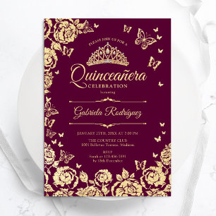 Invitación Rosas de oro de Borgoña Mariposas Quinceanera