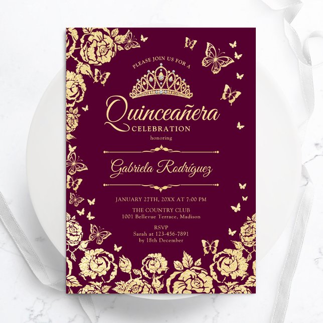 Invitación Rosas de oro de Borgoña Mariposas Quinceanera (Subido por el creador)