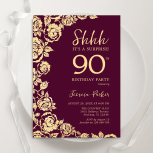 Invitación Rosas de oro de Borgoña Sorprenden cumpleaños 90