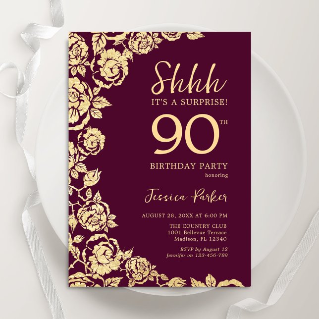 Invitación Rosas de oro de Borgoña Sorprenden cumpleaños 90 (Subido por el creador)
