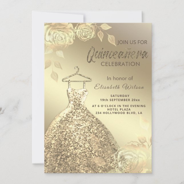 Invitación Rosas de oro de moda secuelas de oro vestido Quinc (Anverso)