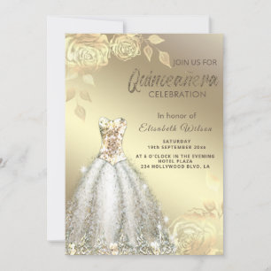 Invitación Rosas de oro de moda secuelas de oro vestido Quinc