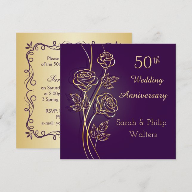 Invitación Rosas de oro en 50 años morados (Anverso / Reverso)