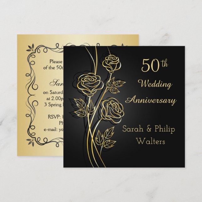 Invitación Rosas de oro en el 50 aniversario negro (Anverso / Reverso)