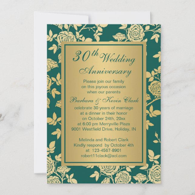 Invitación Rosas de oro en el verde aniversario 30 (Anverso)