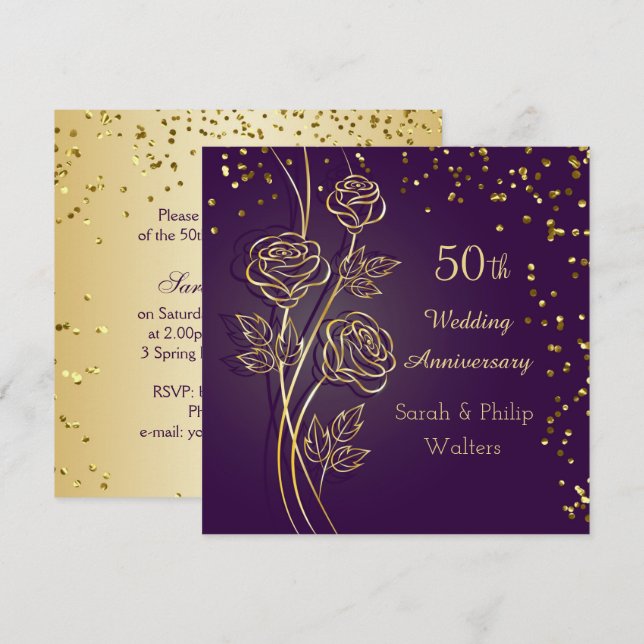 Invitación Rosas de oro en púrpura, 50 años confetti (Anverso / Reverso)