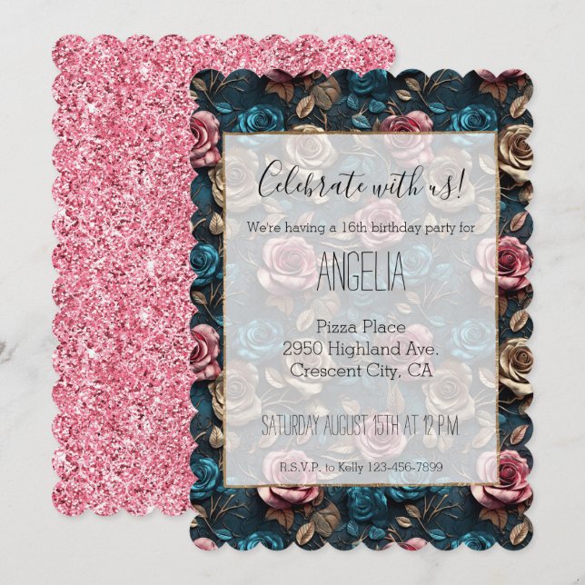 Invitación Rosas de Oro Girly Pink Aqua Champagne (Anverso / Reverso)