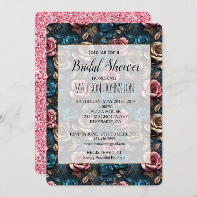 Invitación Rosas de Oro Girly Pink Aqua Champagne (Anverso / Reverso)