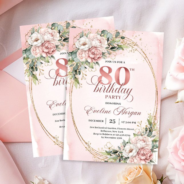 Invitación Rosas de Oro Intemporales Flores Verde 80 Cumpleañ (Timeless Rose Gold Flowers Greenery 80th Birthday Invite)