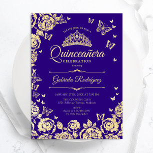 Invitación Rosas de oro morado mariposas Quinceanera