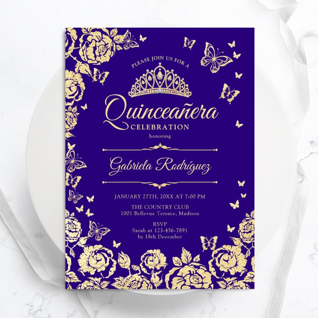 Invitación Rosas de oro morado mariposas Quinceanera (Subido por el creador)
