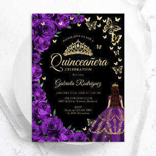 Invitación Rosas de oro morado mariposas Quinceanera