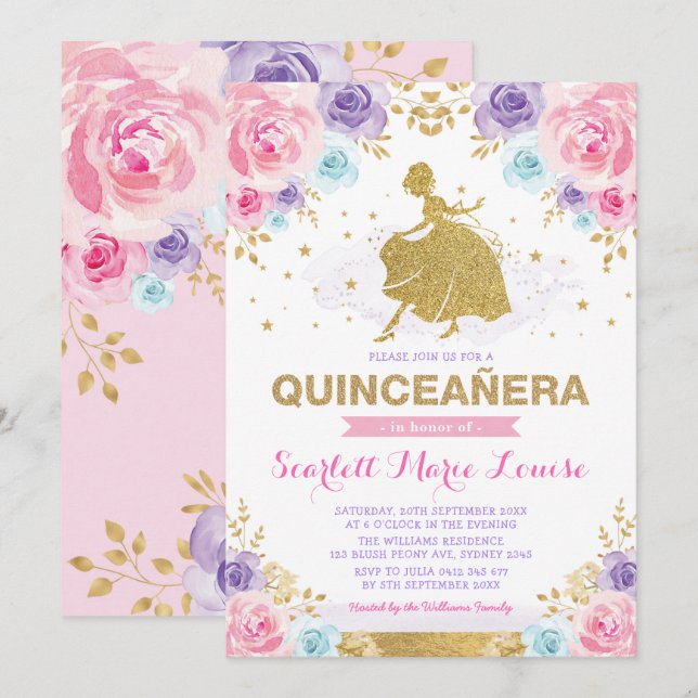 Invitación Rosas de oro morado rosado Princesa Quinceañera (Anverso / Reverso)