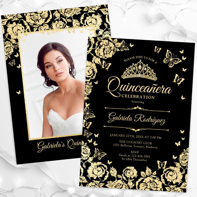 Invitación Rosas de oro negro mariposas foto de Quinceanera (Subido por el creador)