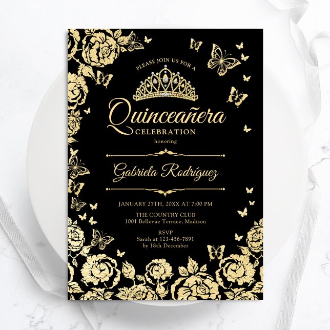 Invitación Rosas de oro negro mariposas Quinceanera (Subido por el creador)