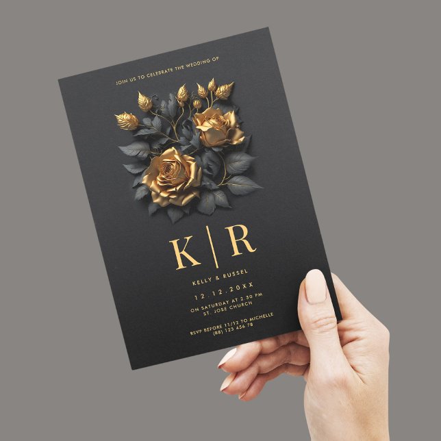 Invitación Rosas de oro negro moderno Boda gótico (Subido por el creador)