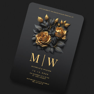 Invitación Rosas de oro negro QR Boda gótico