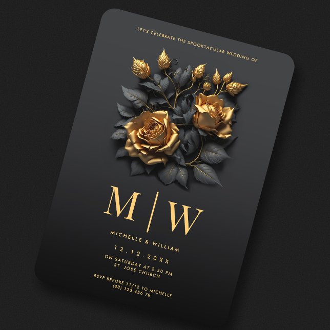 Invitación Rosas de oro negro QR Boda gótico (Black Gold Roses QR Gothic Wedding Invitation
)
