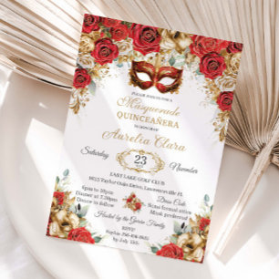 Invitación Rosas de Oro Rojas Baile de Máscaras Florales Quin