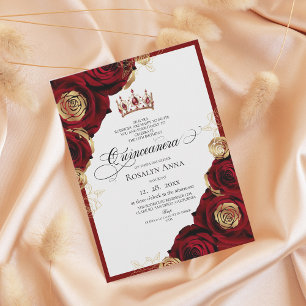 Invitación Rosas de oro rojas Princesa Quinceañera